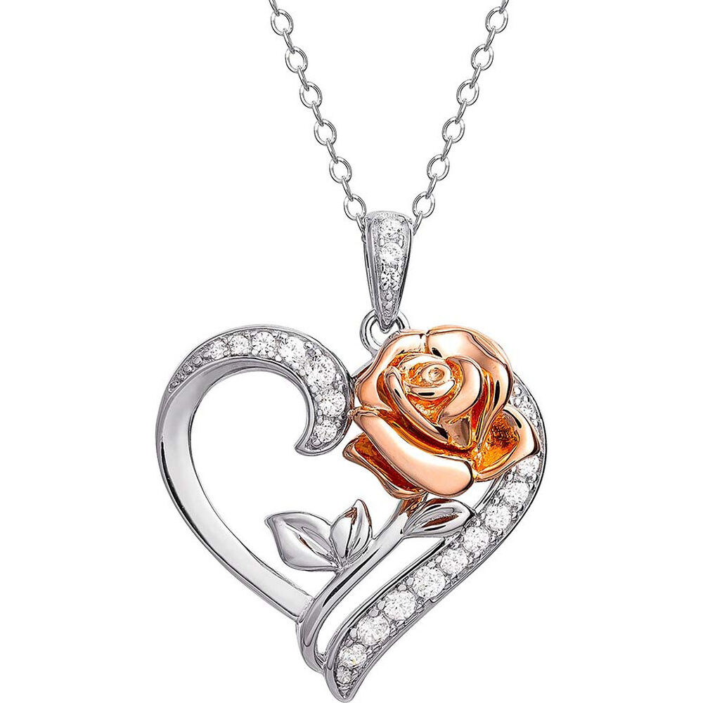 Disney Beauty and the Beast Rose Heart sterling silver necklace